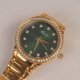 Woman Golden Chain Watch With Green Dial